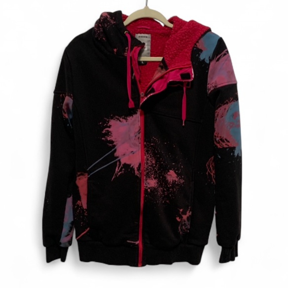 Y2K DC Shoes Black Paint Splatter Fleece Lined Zip Up Hoodie Size Large